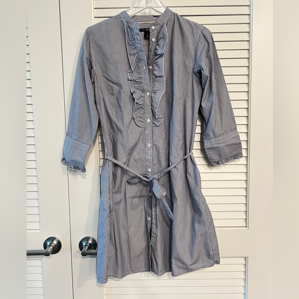 GAP Blue White Stripe Ruffled Belted Tunic-Dresd w. Pockets 100% Cotton! EUC